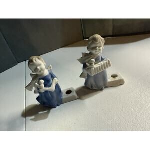 Vintage Colonial Candle Holder Set, Angels in Light Blue Gowns, w/Birds